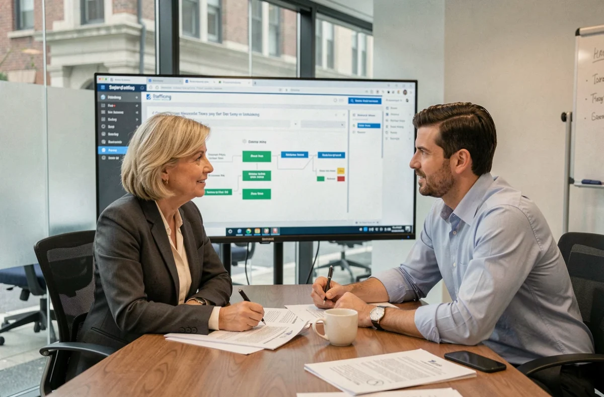 Deux professionnels d'une agence d'intérim analysant un tableau de bord de gestion de contrats Coffreo lors d'une réunion en salle de conférence