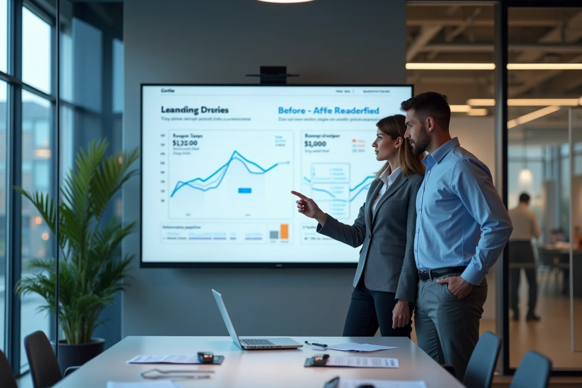 Équipe de consultants analysant les améliorations d'un site vitrine SaaS sur un écran en salle de réunion