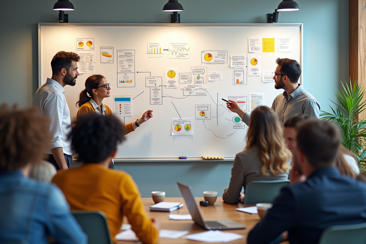 Groupe de collègues brainstorming devant un tableau blanc avec diagrammes