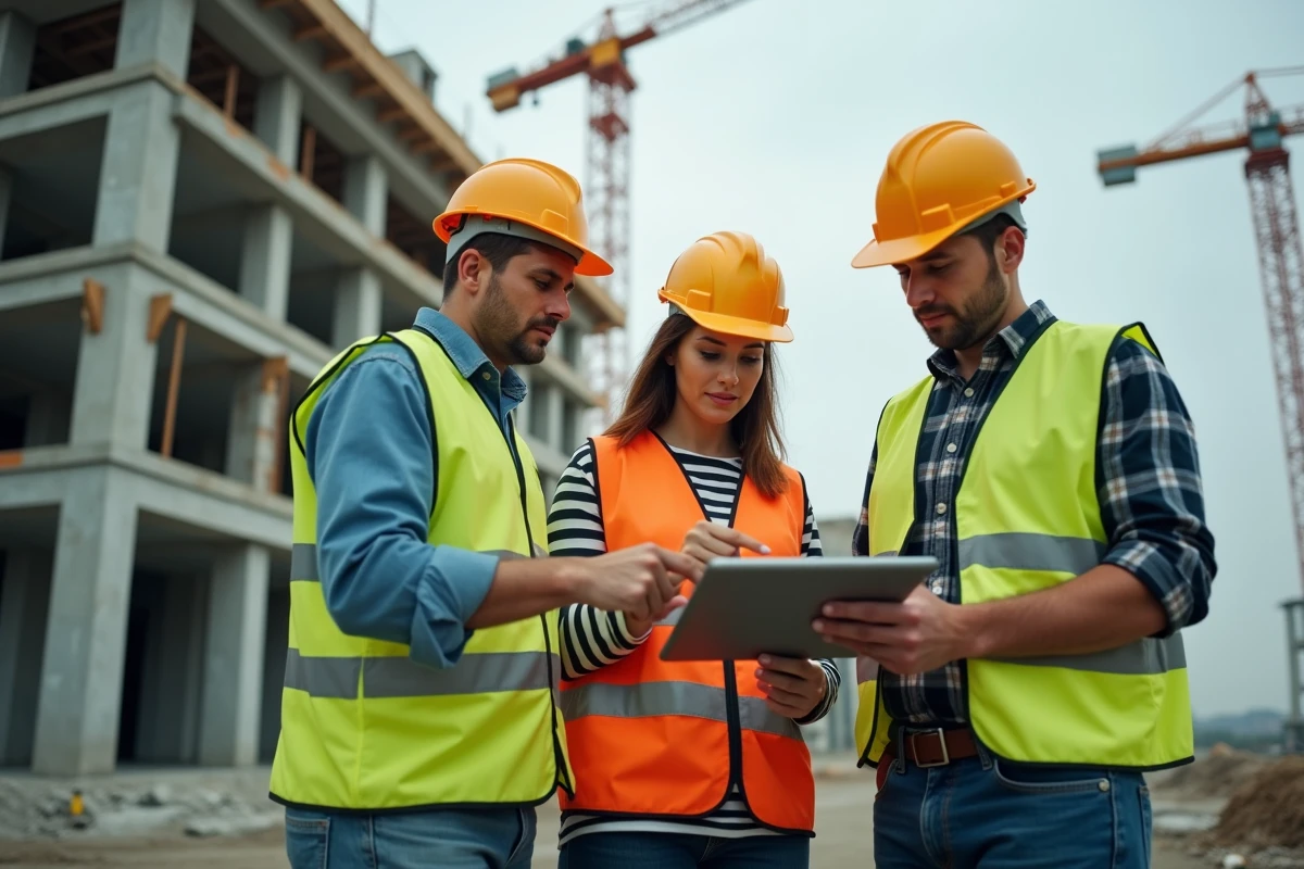 Équipe de professionnels BTP en réunion de coordination de chantier autour d'une tablette numérique