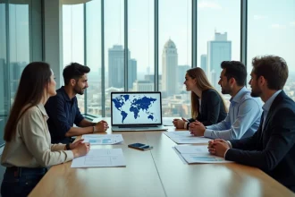 Groupe de professionnels autour d'une carte digitale EMEA