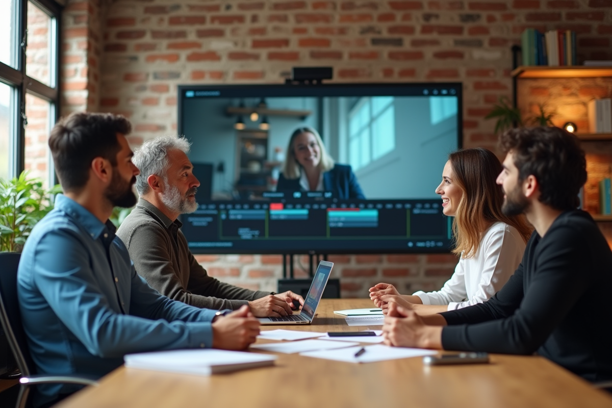 Groupe de collègues marketing discutant d une vidéo