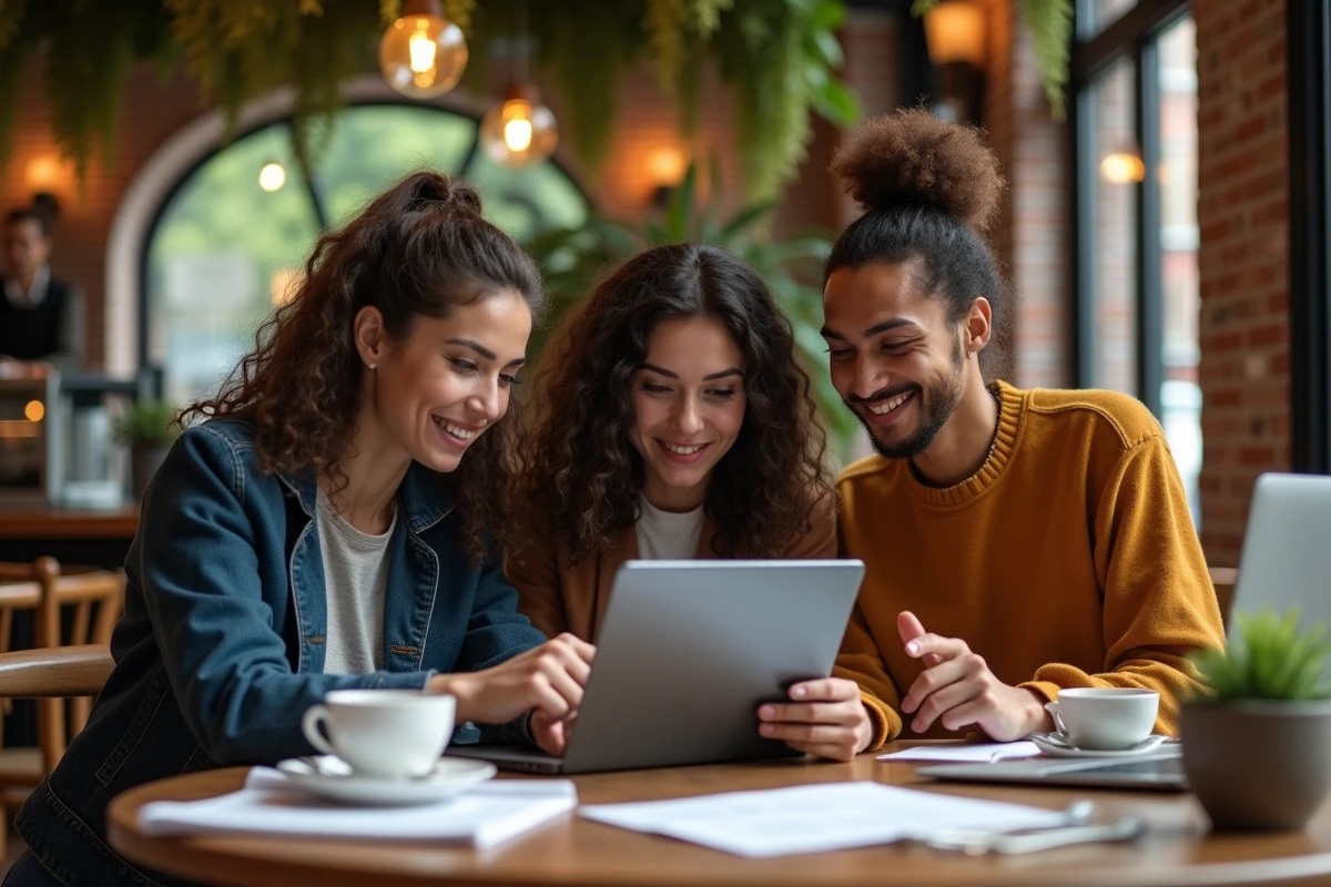 Équipe marketing collaborative utilisant un outil IA sur tablette lors d'une session de travail dans un café moderne