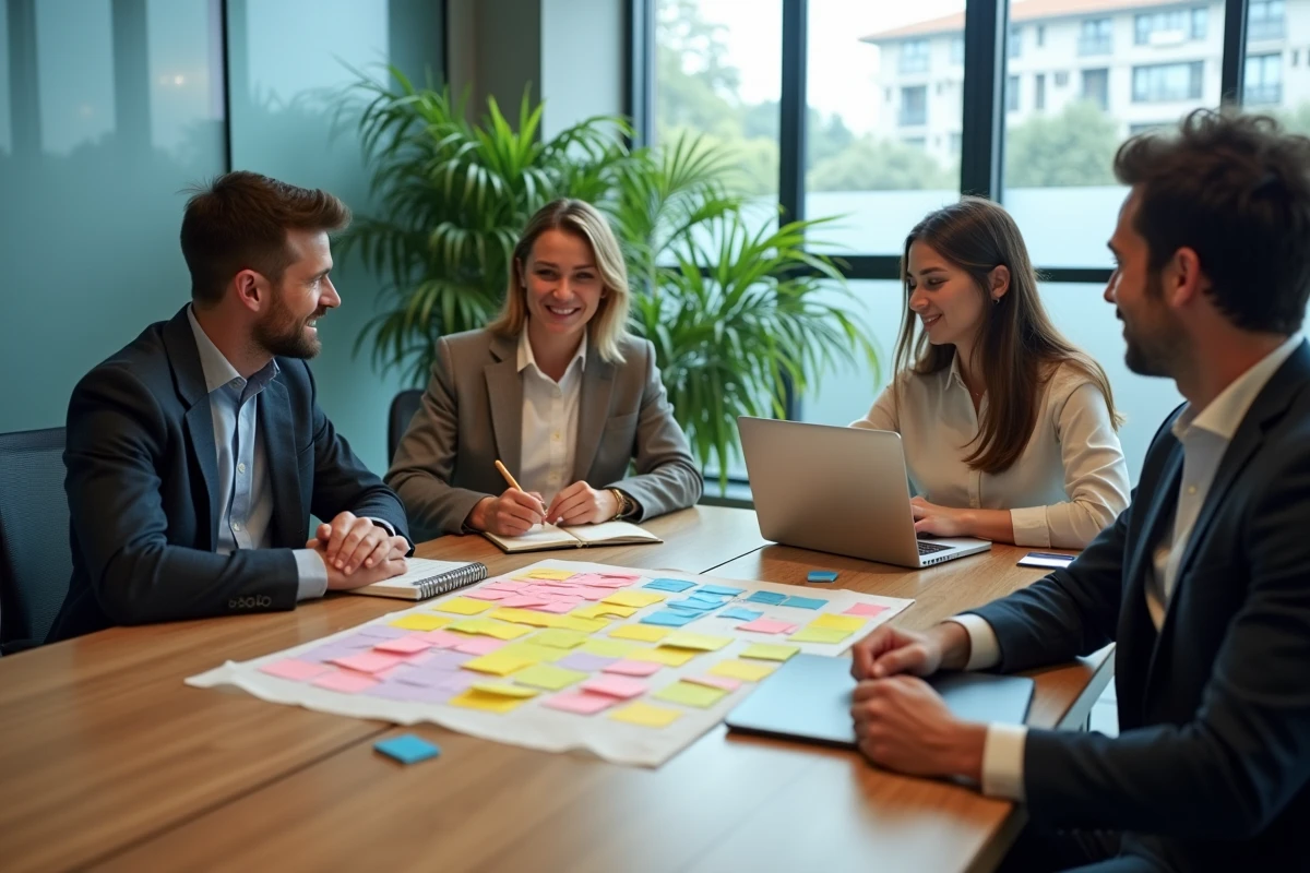 Équipe en réunion stratégique autour d'une analyse SWOT avec des post-its colorés