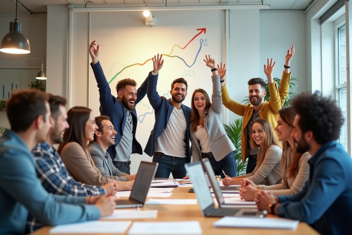 Groupe de personnes célébrant le succès en affaires dans un espace de coworking