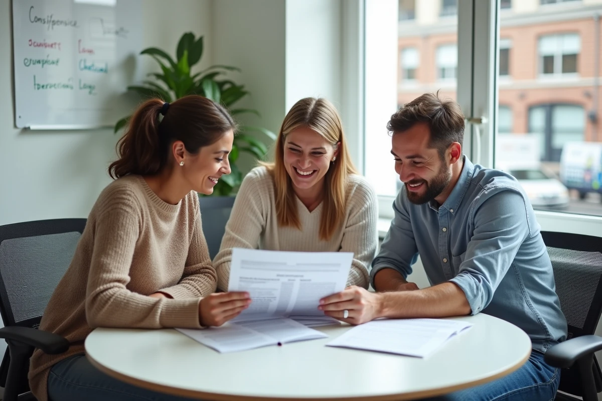 Équipe RH Chronopost discutant des aides sociales et du guide des avantages salariés en réunion