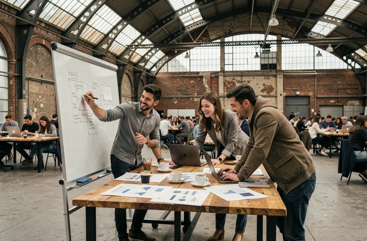 Équipe de startup en session de brainstorming dans la grande halle industrielle de Station F à Paris