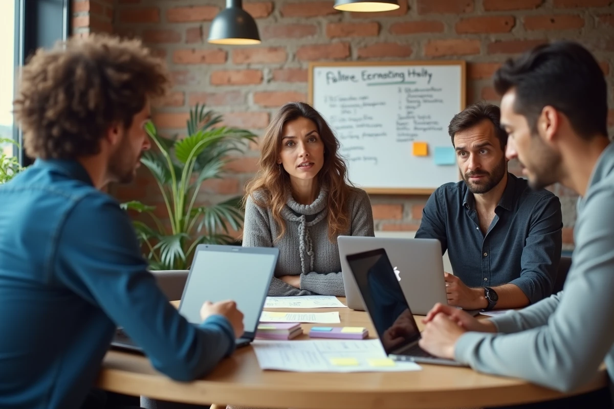 Équipe de startupeurs discutant des avis sur l'INPI autour d'une table de réunion dans un espace de coworking parisien