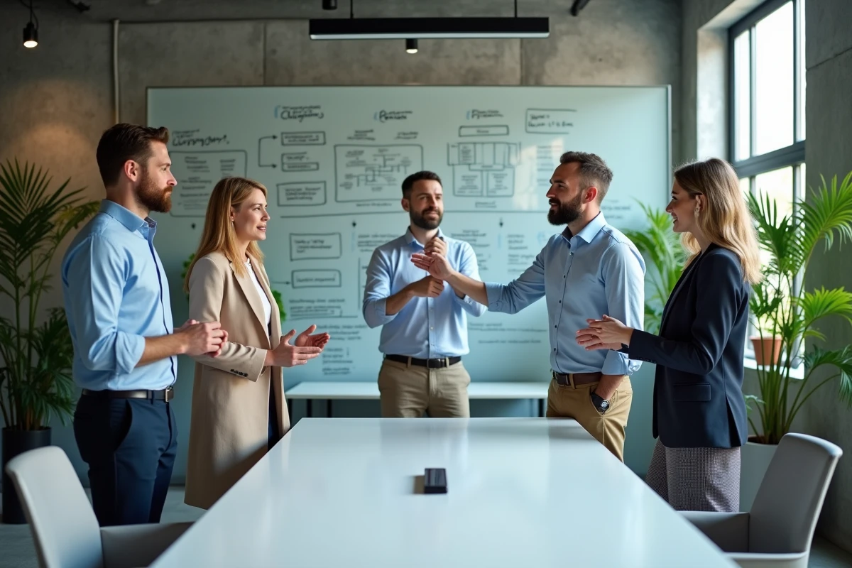 Équipe dirigeante discutant d'une stratégie de fusion-acquisition devant un tableau blanc en salle de réunion moderne