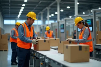 Groupe de travailleurs logistique triant des colis dans un centre moderne