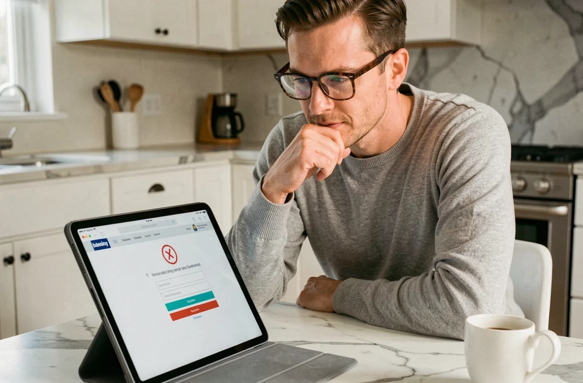 Homme à domicile consultant une erreur de connexion sur l'application bancaire depuis sa tablette dans la cuisine