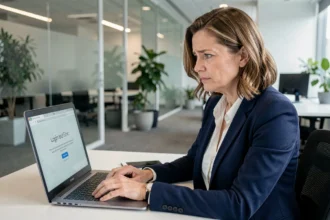 Femme professionnelle frustrée face à une erreur de connexion sur son espace bancaire en ligne au bureau