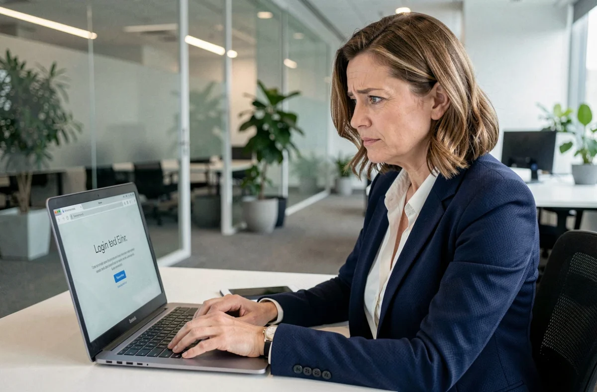 Femme professionnelle frustrée face à une erreur de connexion sur son espace bancaire en ligne au bureau