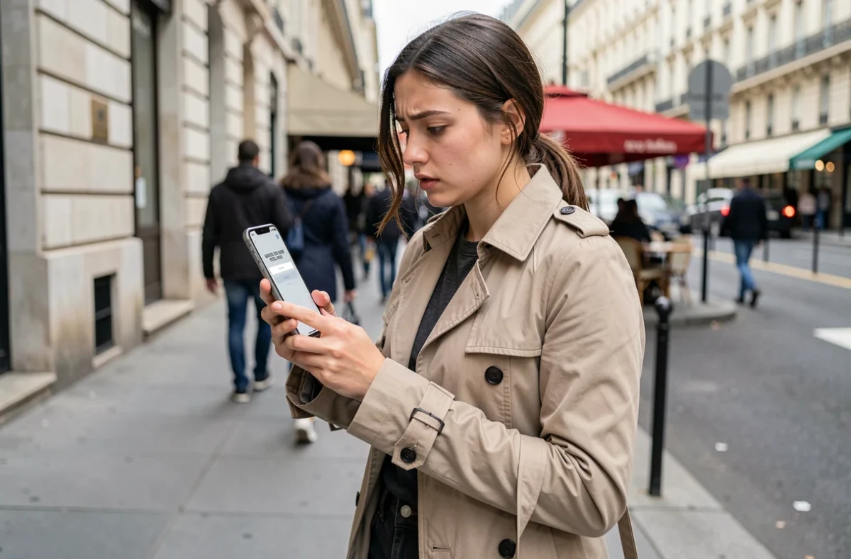 Jeune femme en ville tentant de se connecter à son compte bancaire en ligne sur smartphone avec une erreur de mot de passe