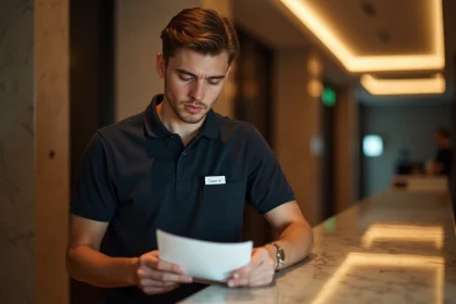 Étudiant travaillant de nuit à la réception d'un hôtel, consultant des documents avec concentration