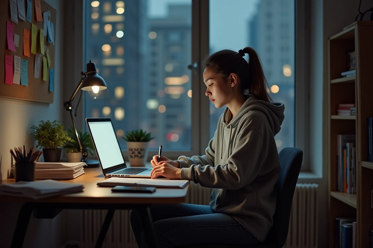 Étudiante rédigeant une lettre de motivation pour un job d'été de nuit à son bureau