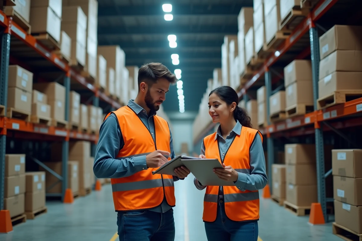 Deux étudiants en tenue de travail dans un entrepôt logistique de nuit, consultant un document ensemble