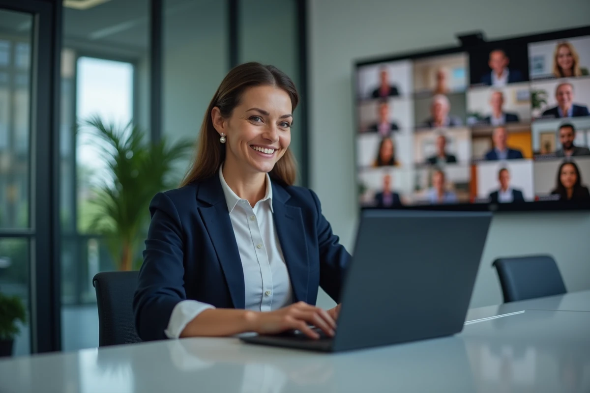 Professionnelle en blazer marine animant un événement hybride depuis une salle de conférence moderne avec participants en visioconférence sur grand écran