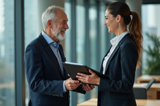Un executive d'âge mûr passant un dossier à une collègue dans un bureau moderne