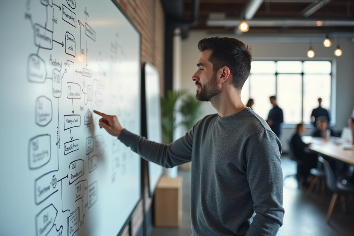 Expert SEO présentant une vision stratégique sur tableau blanc dans un espace de travail créatif