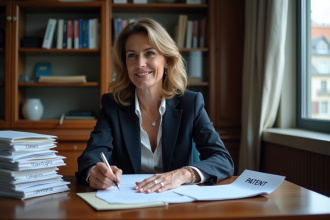 Femme d'affaires française en costume dans un bureau professionnel