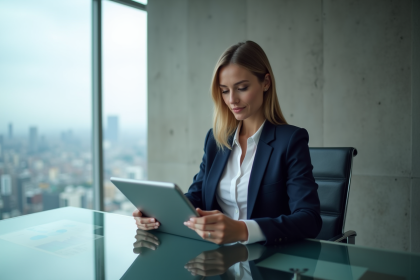 Femme d'affaires confiante en costume dans un bureau moderne