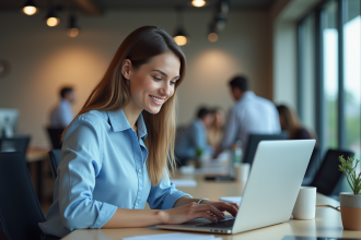 Jeune femme professionnelle analysant des métriques sur un ordinateur