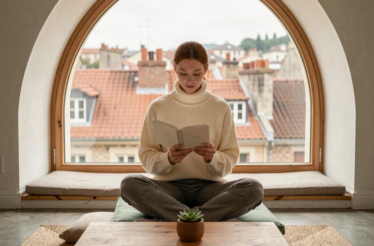 Jeune femme lisant un carnet sur un banc fenêtre avec vue sur les toits de la Croix-Rousse depuis un espace de coworking