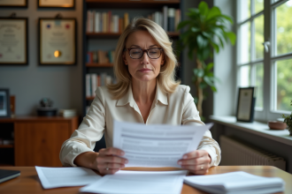 Femme d'âge moyen examinant des documents officiels dans un bureau