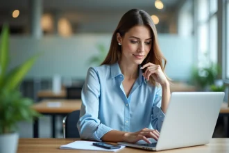 Femme professionnelle au bureau utilisant un ordinateur portable