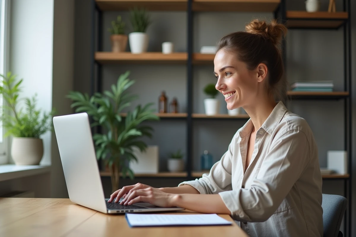 Femme assise à un bureau moderne utilisant un ordinateur portable