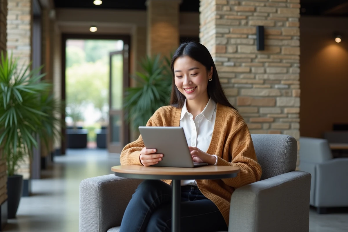 Jeune femme professionnelle utilisant une tablette dans un lounge d