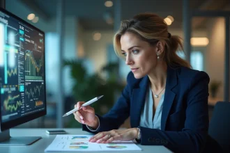 Femme professionnelle utilisant un écran tactile dans un bureau numérique moderne, illustrant la transformation digitale en entreprise
