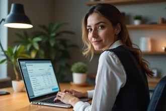 Femme en bureau à domicile examinant une fiche de paie
