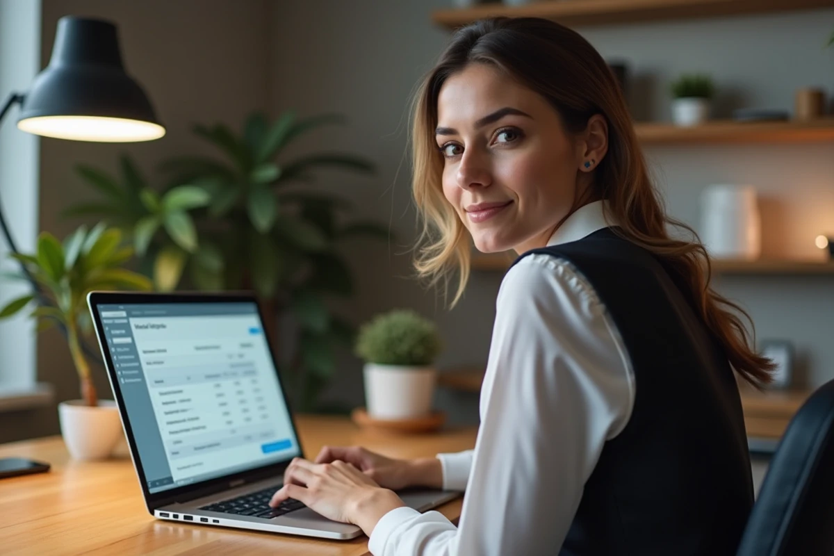 Femme en bureau à domicile examinant une fiche de paie