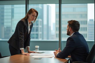Femme en réunion dans un bureau moderne avec vue urbaine