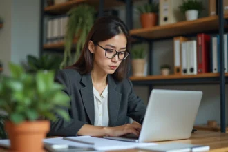Femme daffaires concentrée sur son ordinateur dans un bureau moderne
