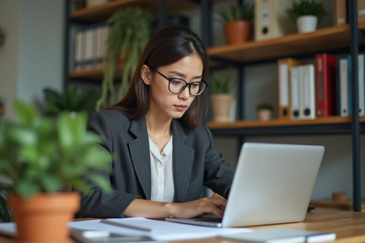 Femme daffaires concentrée sur son ordinateur dans un bureau moderne