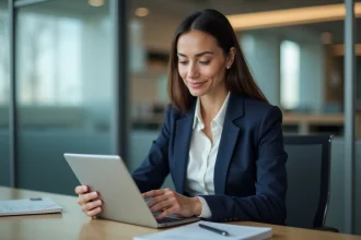 Femme confiante en bureau moderne avec tablette