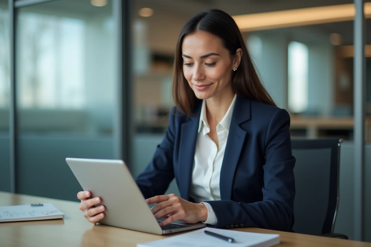 Femme confiante en bureau moderne avec tablette