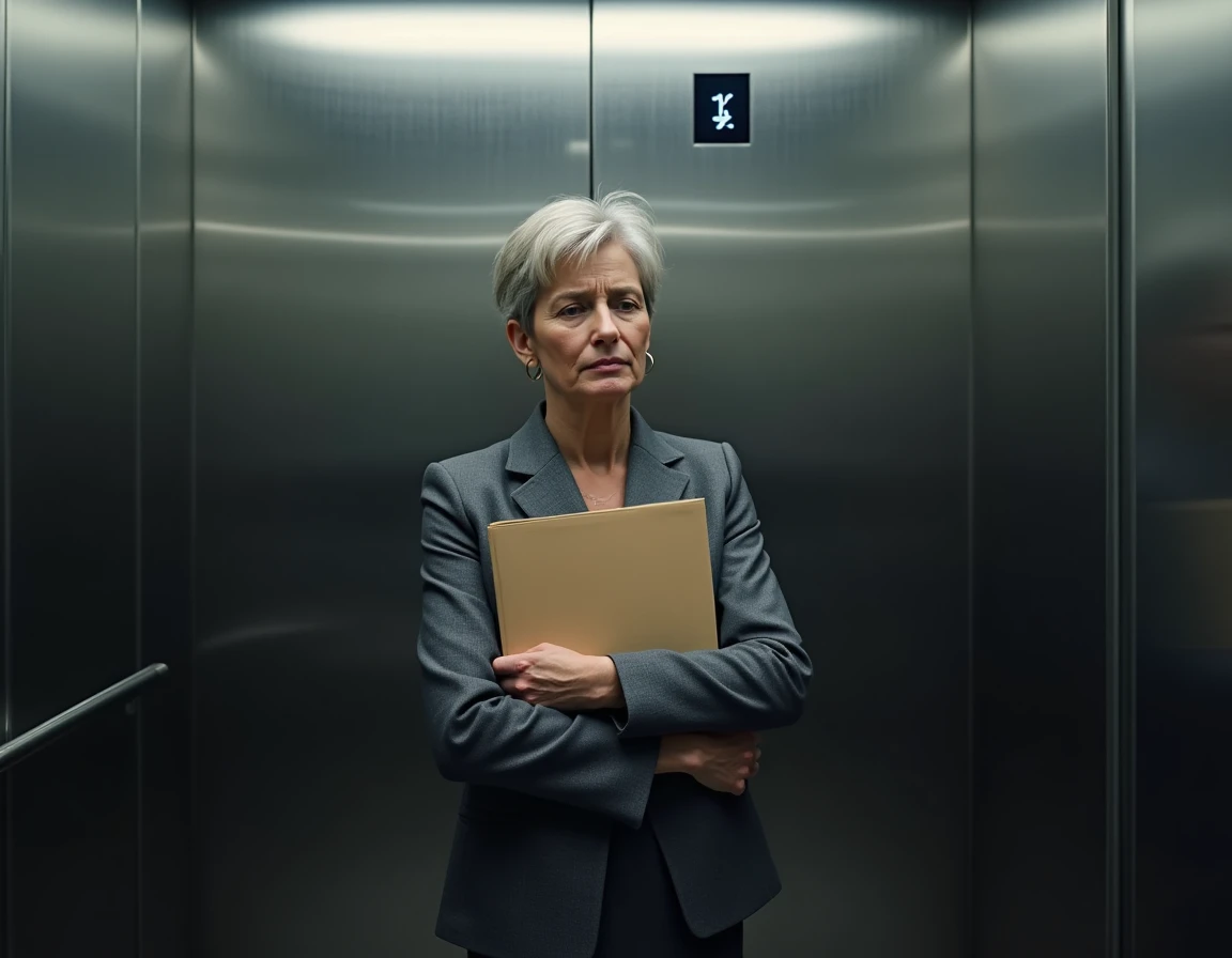 Femme cadre d'une cinquantaine d'années en blazer gris seule dans un ascenseur d'entreprise, regard baissé, symbolisant la stagnation professionnelle et l'incompétence managériale selon le principe de Peter