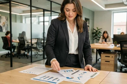 Femme cadre en blazer consultant des documents sur les métiers qui recrutent en 2026 dans un bureau moderne