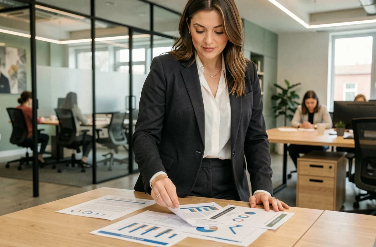 Femme cadre en blazer consultant des documents sur les métiers qui recrutent en 2026 dans un bureau moderne