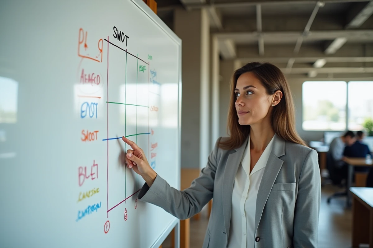 Femme cadre présentant une matrice SWOT sur un tableau blanc dans un bureau moderne