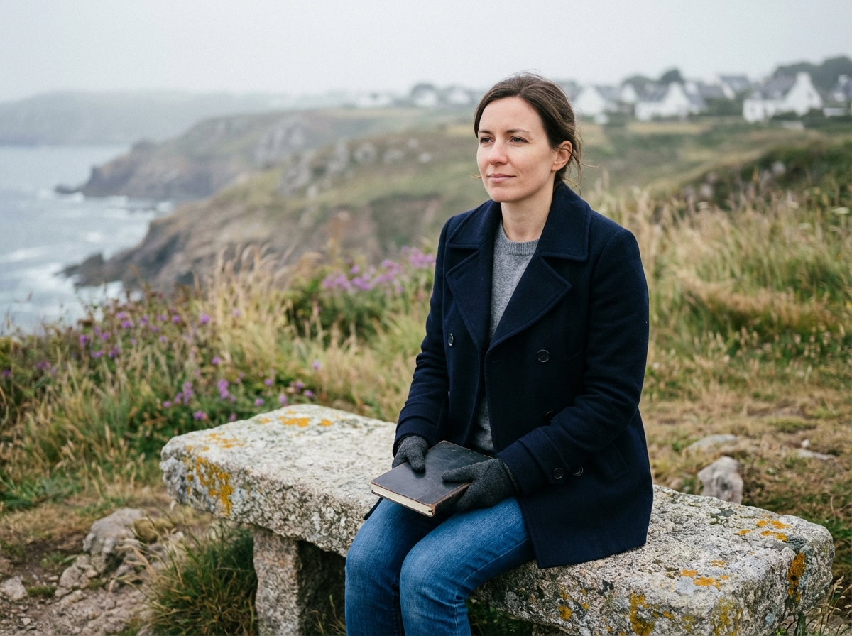 Femme en manteau sur la côte bretonne reflet d'espoir