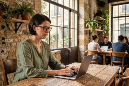 Femme travaillant sur un ordinateur portable dans un espace de coworking à la Croix-Rousse avec murs en pierre apparente