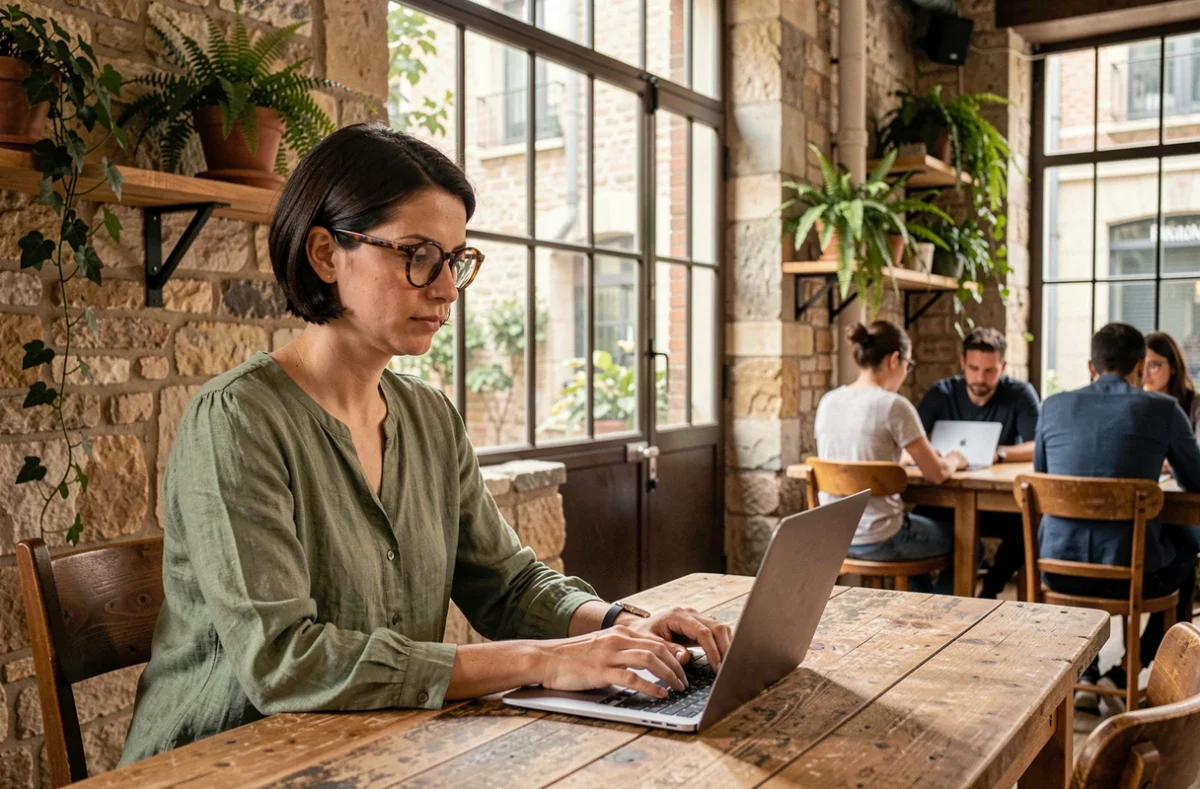 Femme travaillant sur un ordinateur portable dans un espace de coworking à la Croix-Rousse avec murs en pierre apparente