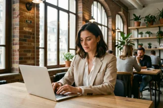 Femme travaillant dans un espace de coworking moderne à Saint-Étienne avec bureaux en bois et murs en briques apparentes