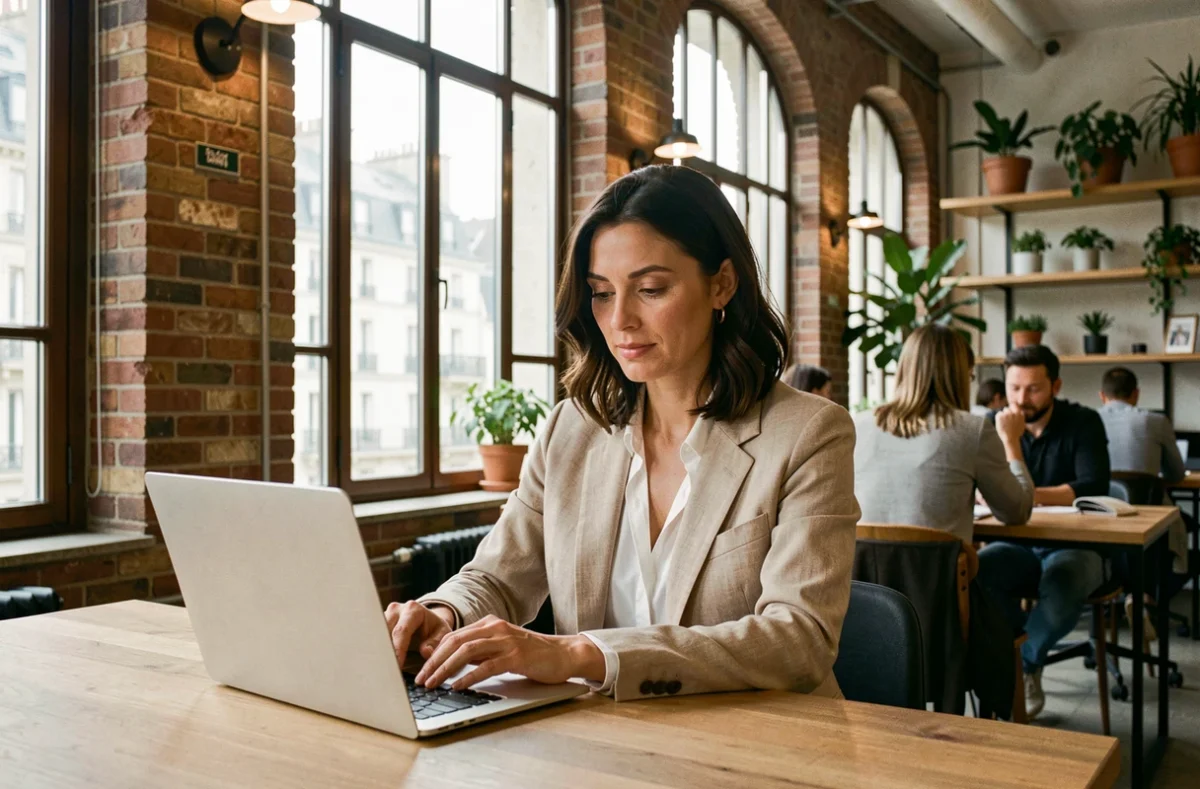 Femme travaillant dans un espace de coworking moderne à Saint-Étienne avec bureaux en bois et murs en briques apparentes