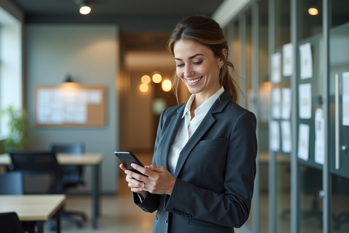 Femme professionnelle vérifiant ses actualités sur smartphone